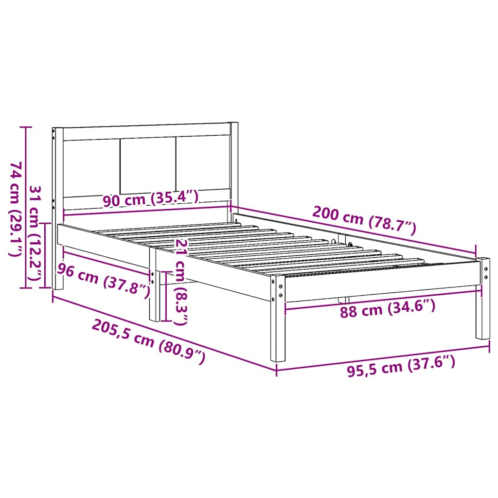 Bed Frame Brown 90 x 200 cm Solid Pine wood