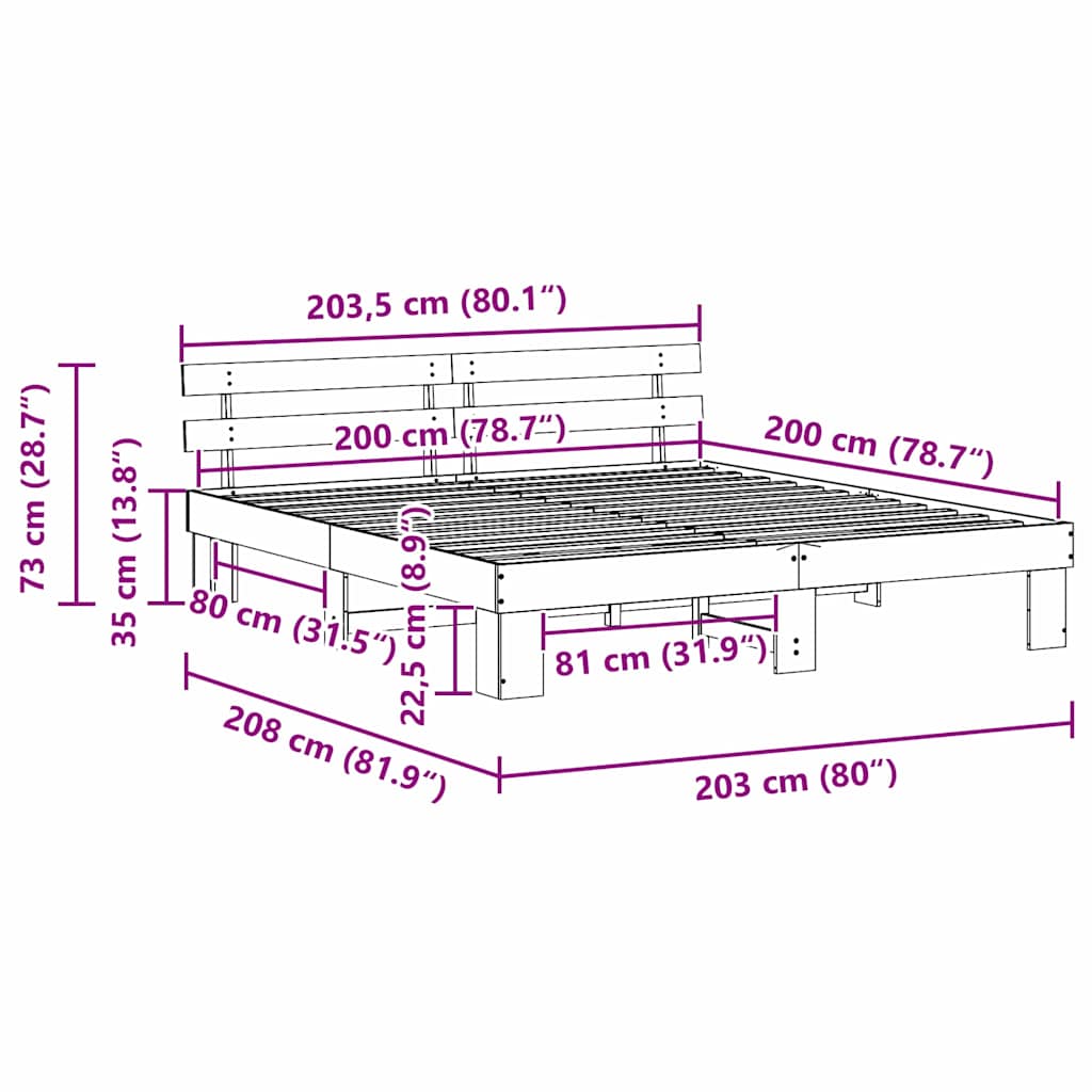Bed Frame with Headboard Wax Brown 200 x 200 cm Solid Pine Wood