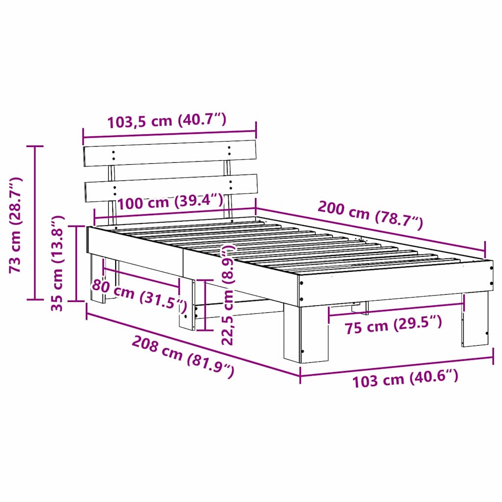 Bed Frame with Headboard White 100 x 200 cm Solid Pine Wood