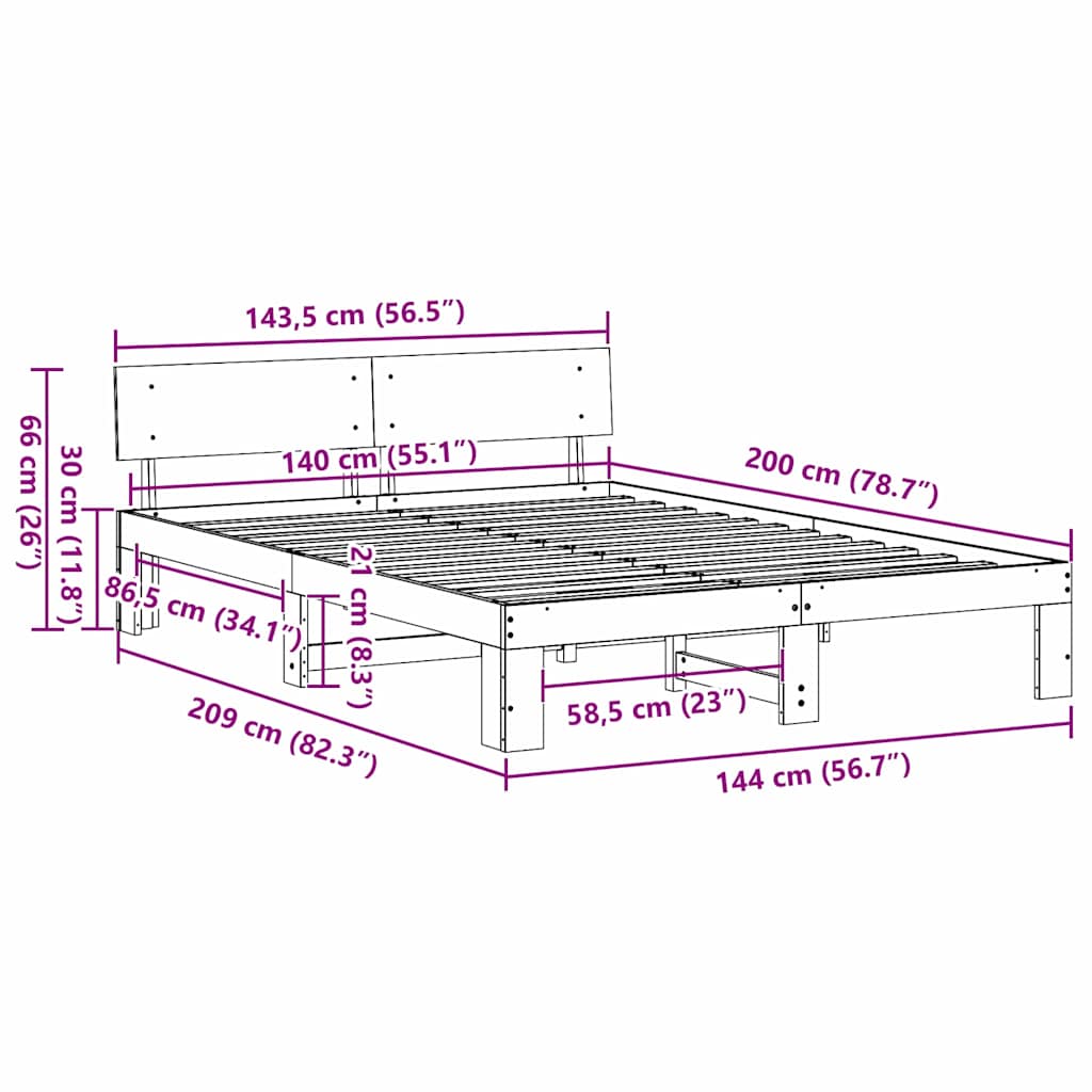 Bed Frame with Headboard Natural 140 x 200 cm Solid Pine Wood