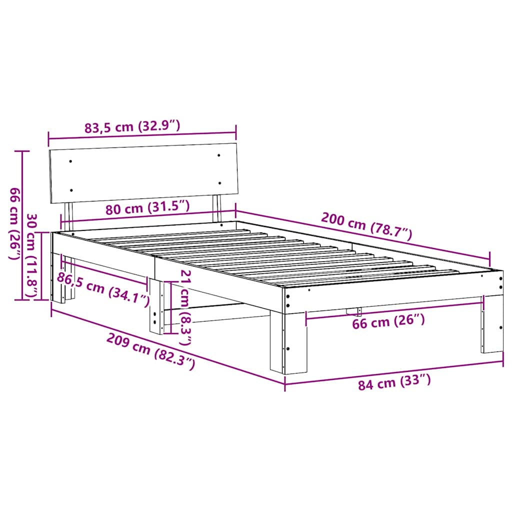 Bed Frame with Headboard Wax Brown 80 x 200 cm Solid Pine Wood