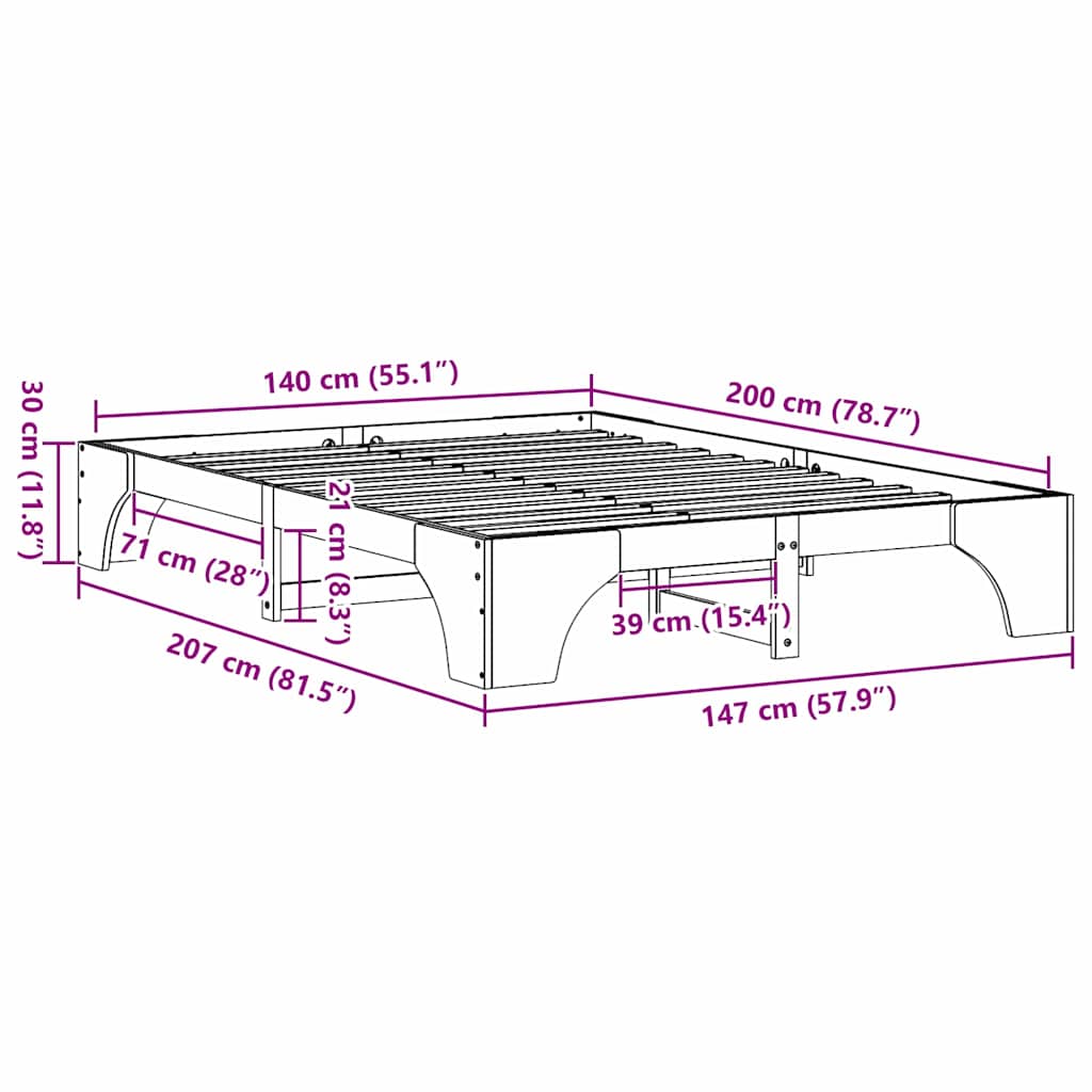 Bed Frame White 140 x 200 cm Solid Pine Wood