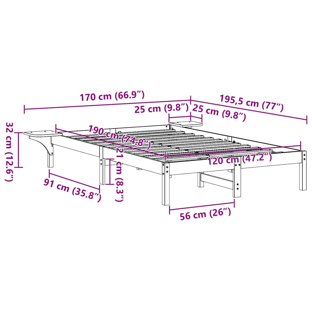 Bed Frame White 120 x 190 cm Solid Pine Wood