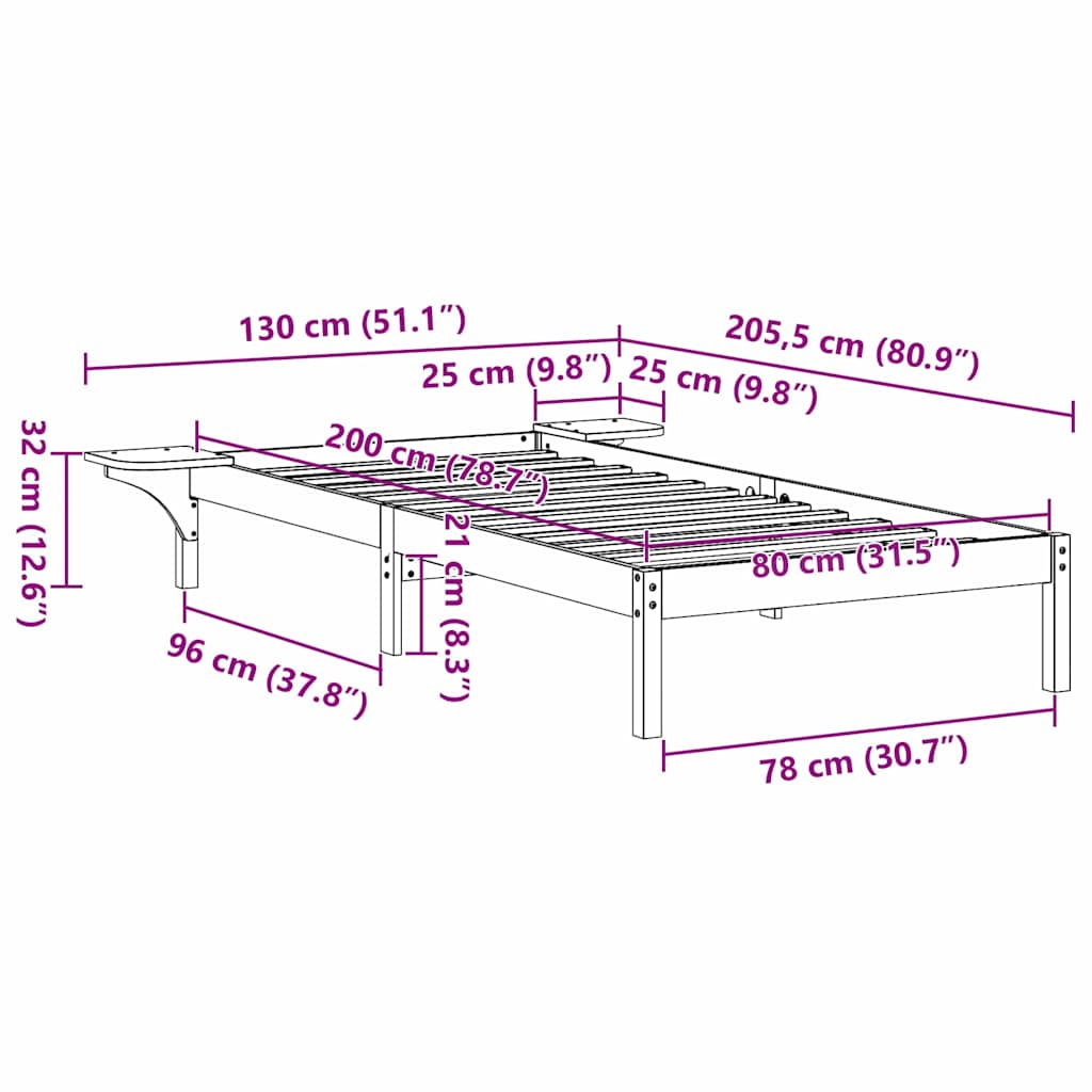 Bed Frame Natural 80 x 200 cm Solid Pine Wood