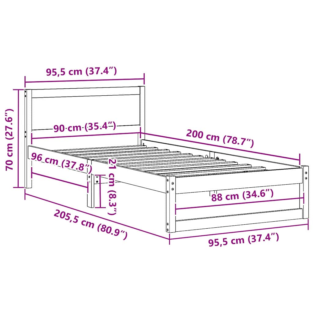 Bed Frame with Headboard White 90 x 200 cm Solid Pine Wood