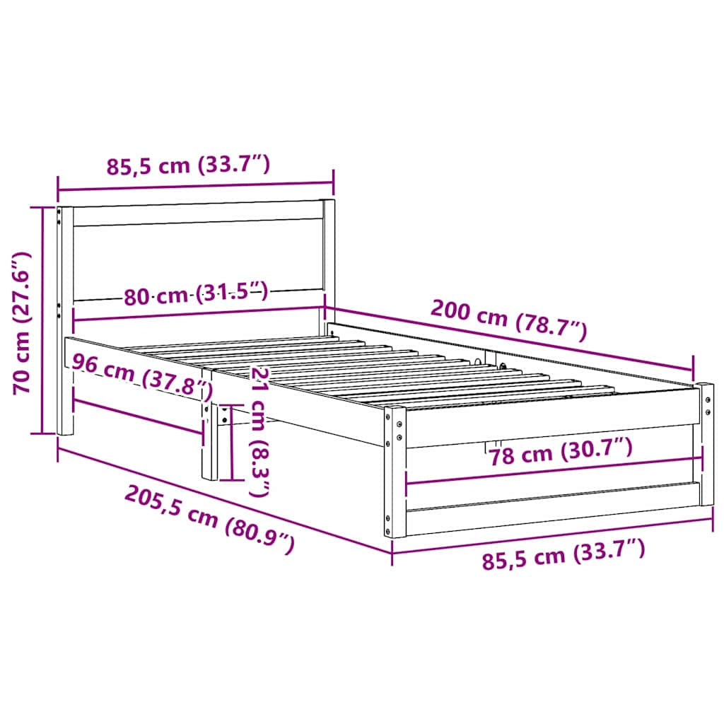 Bed Frame with Headboard Wax Brown 80 x 200 cm Solid Pine Wood
