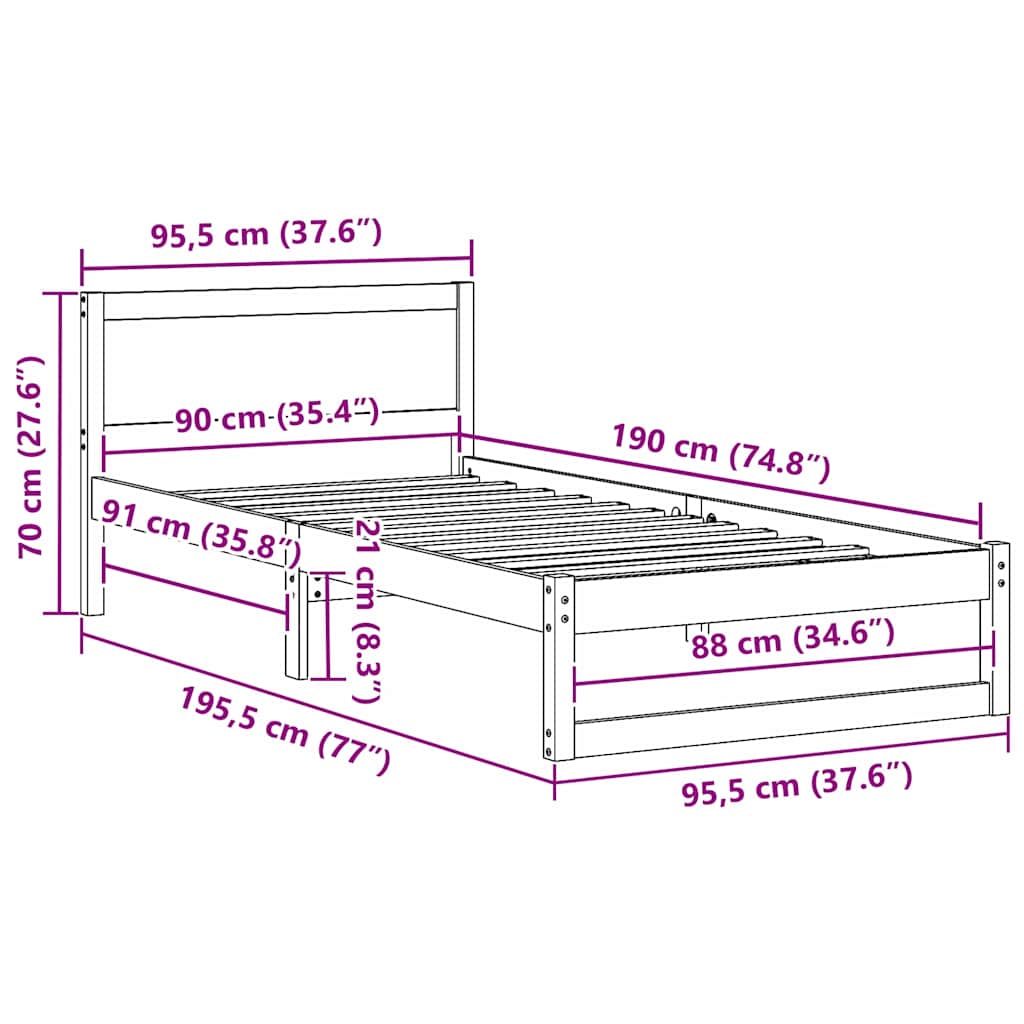 Bed Frame with Headboard Natural 90 x 190 cm Solid Pine Wood