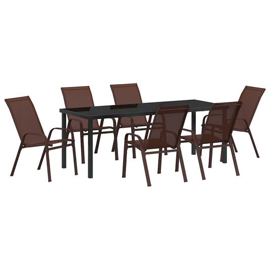 Garden Dining Set 7 pcs Brown and Black Powder-coated Steel Garden Dining Set 7 pcs Brown and Black Powder-coated Steel