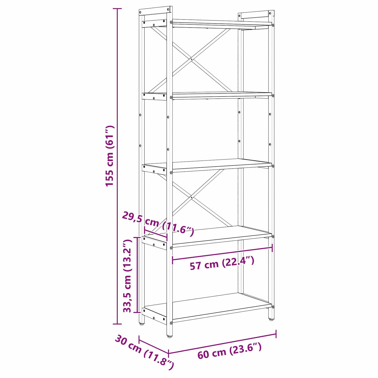 Bookshelf 60 x 30 x 155 cm Engineered Wood Grey sonoma