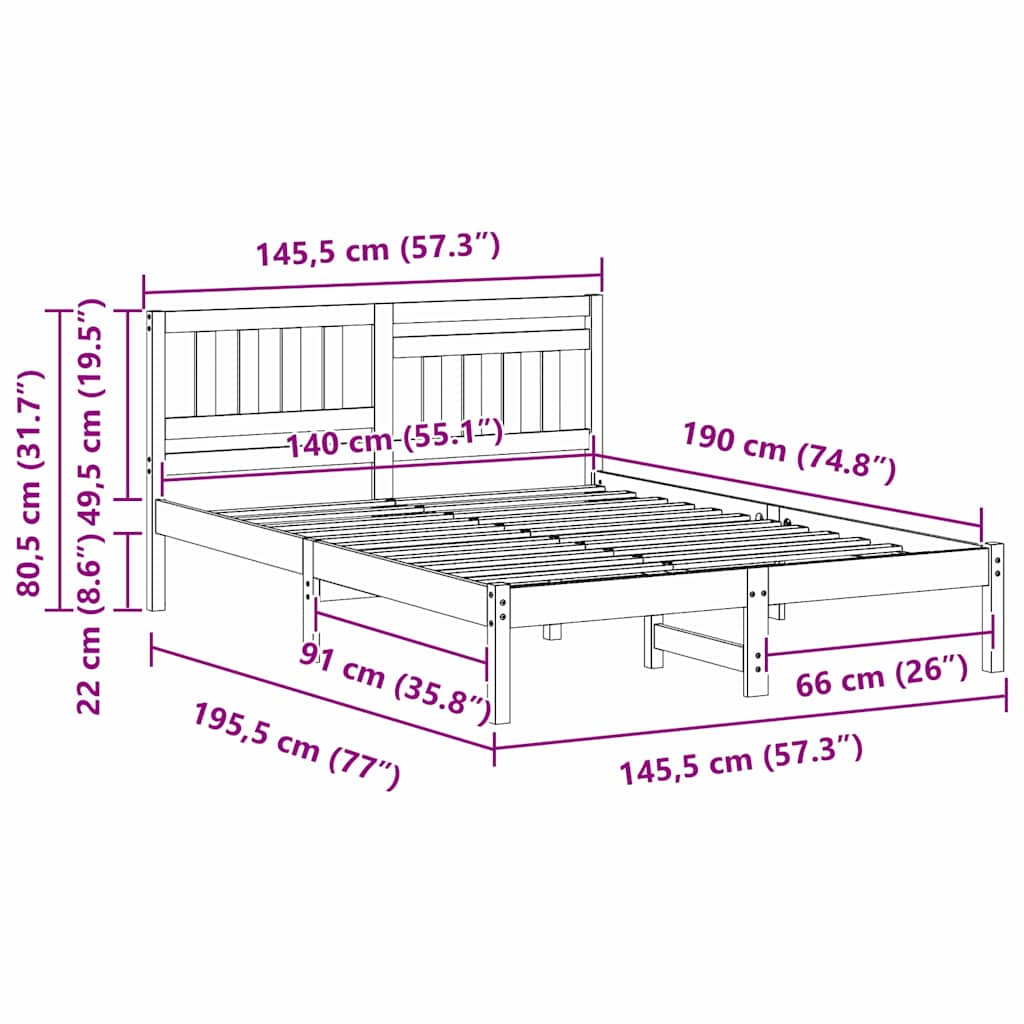 Bed Frame with Headboard Wax Brown 140 x 190 cm Solid Pine Wood
