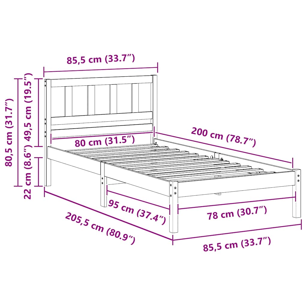 Bed Frame with Headboard White 80 x 200 cm Solid Pine Wood