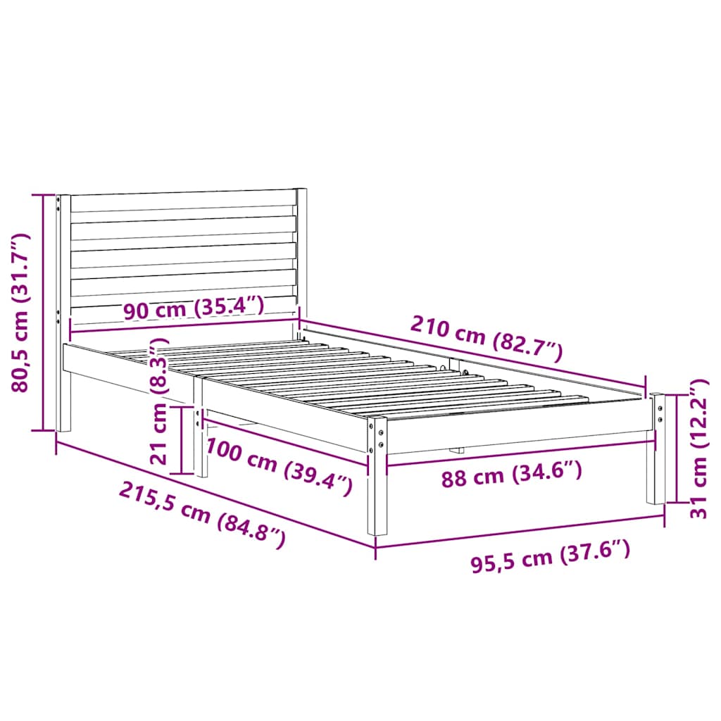Bed Frame with Headboard Wax Brown 90 x 210 cm Solid Pine Wood