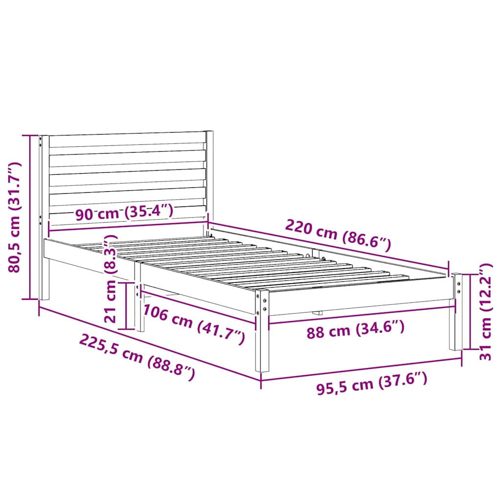 Bed Frame with Headboard Brown 90 x 220 cm Solid Pine Wood