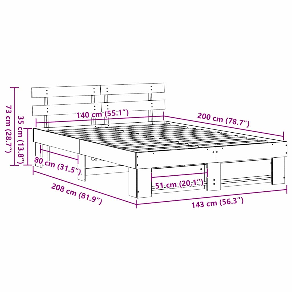 Bed Frame with Headboard Wax Brown 140 x 200 cm Solid Pine Wood