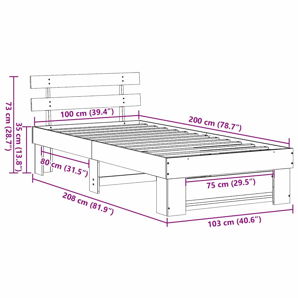 Bed Frame with Headboard White 100 x 200 cm Solid Pine Wood