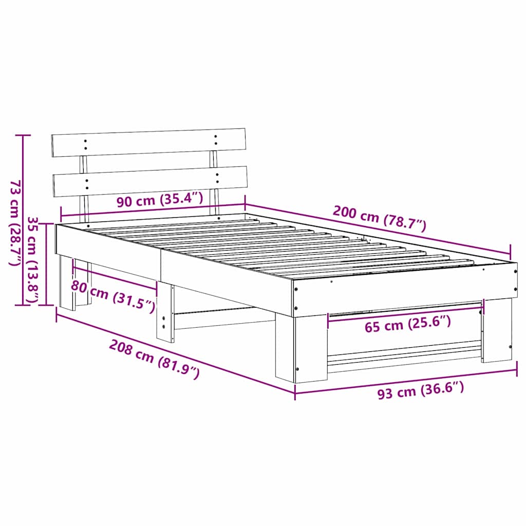 Bed Frame with Headboard Wax Brown 90 x 200 cm Solid Pine Wood