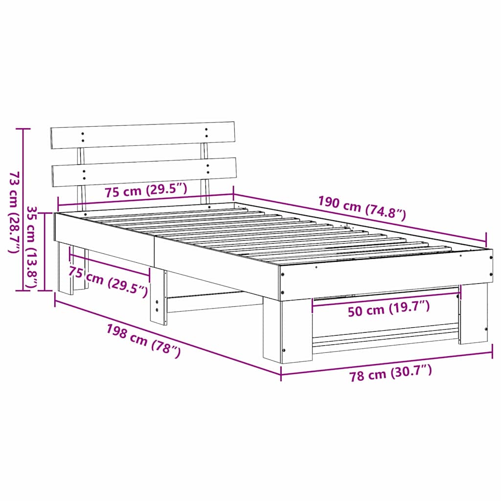 Bed Frame with Headboard Wax Brown 75 x 190 cm Solid Pine Wood