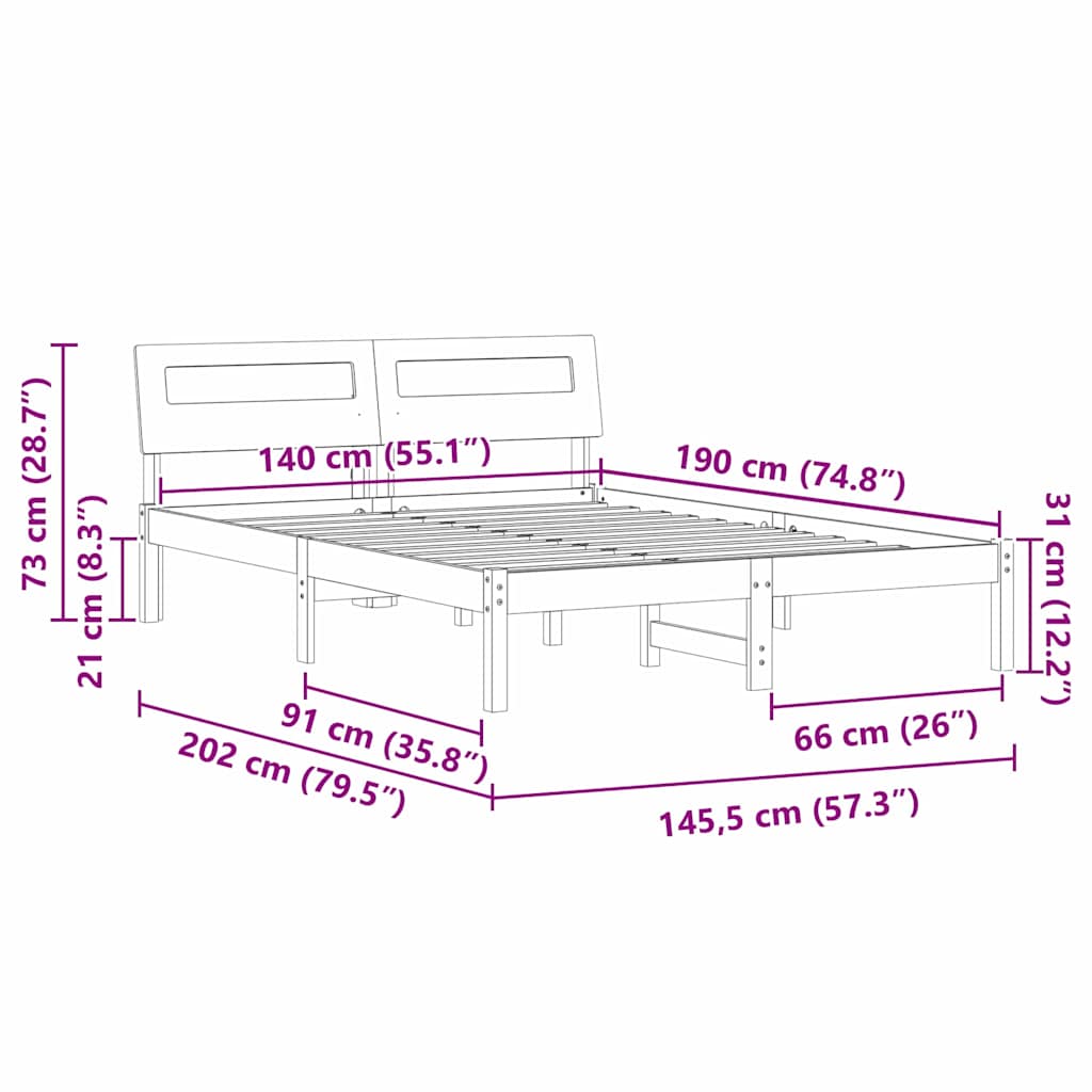 Bed Frame with Headboard Wax Brown 140 x 190 cm Solid Pine Wood