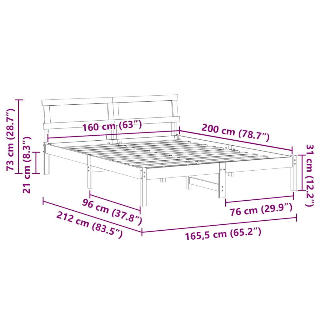 Bed Frame with Headboard White 160 x 200 cm Solid Pine Wood