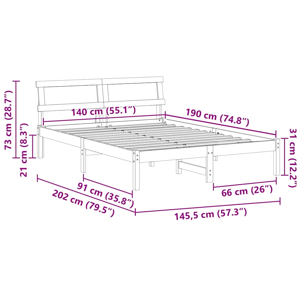 Bed Frame with Headboard White 140 x 190 cm Solid pine wood