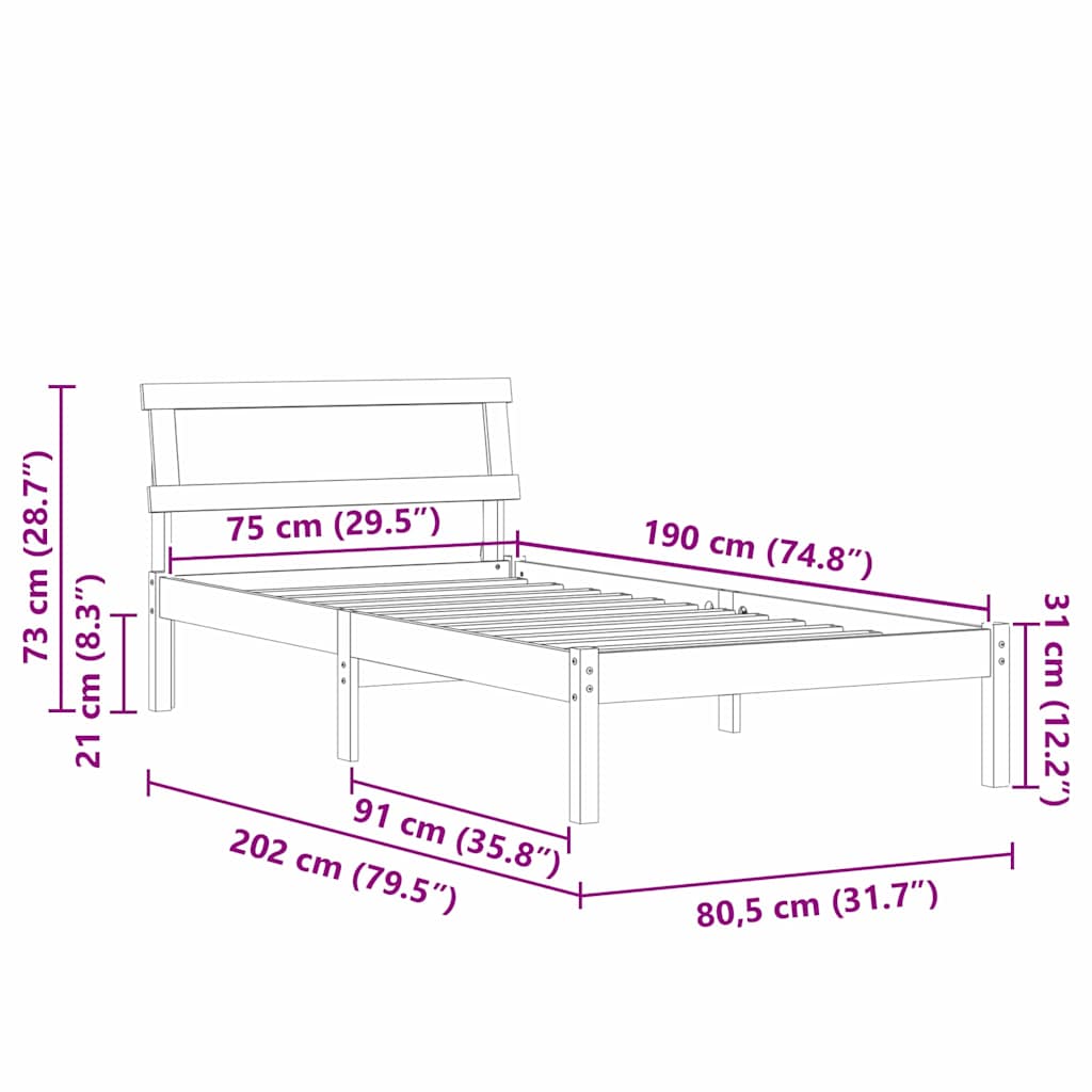 Bed Frame with Headboard Brown 75 x 190 cm Solid Pine Wood