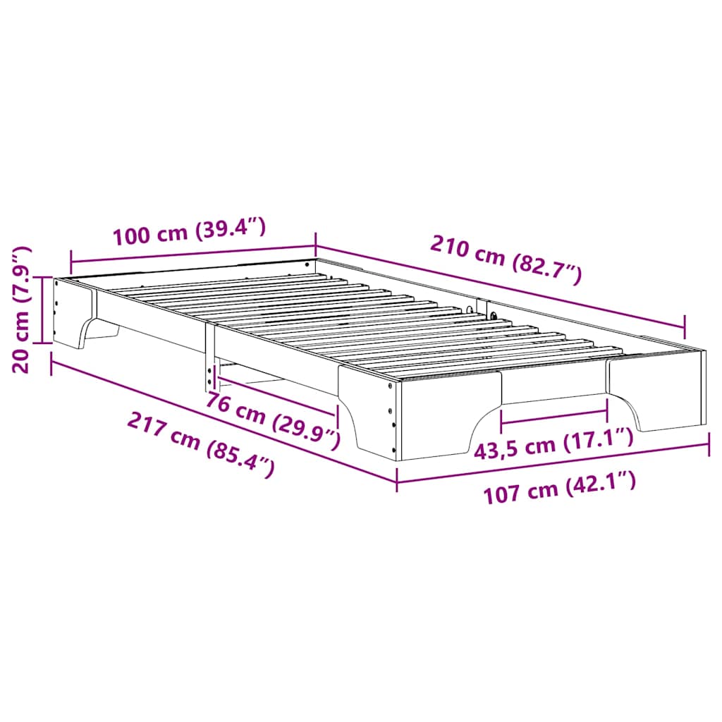 Bed Frame White 100 x 210 cm Solid Pine Wood