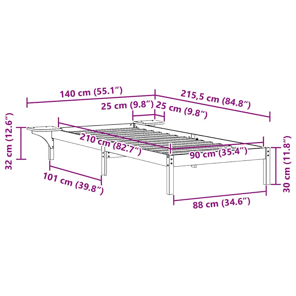 Bed Frame with Side Tables Wax Brown 90 x 210 cm
