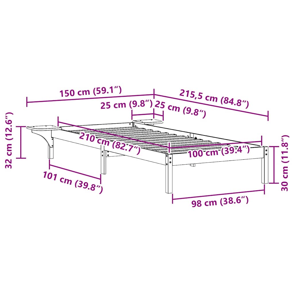 Bed Frame with Side Tables Wax Brown 100 x 210 cm