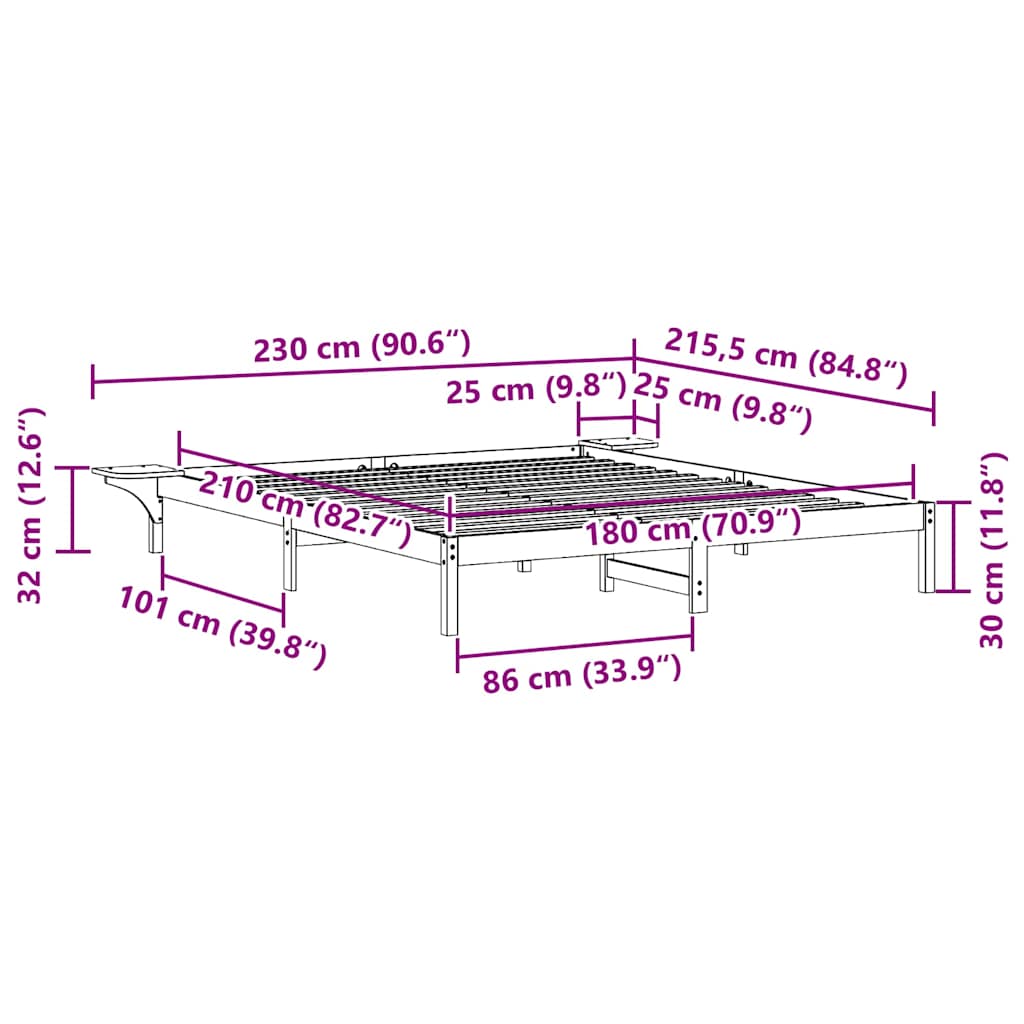 Bed Frame with Side Tables Wax Brown 180 x 210 cm