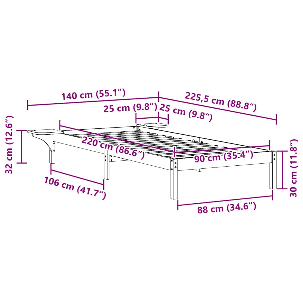 Bed Frame with Side Tables Wax Brown 90 x 220 cm