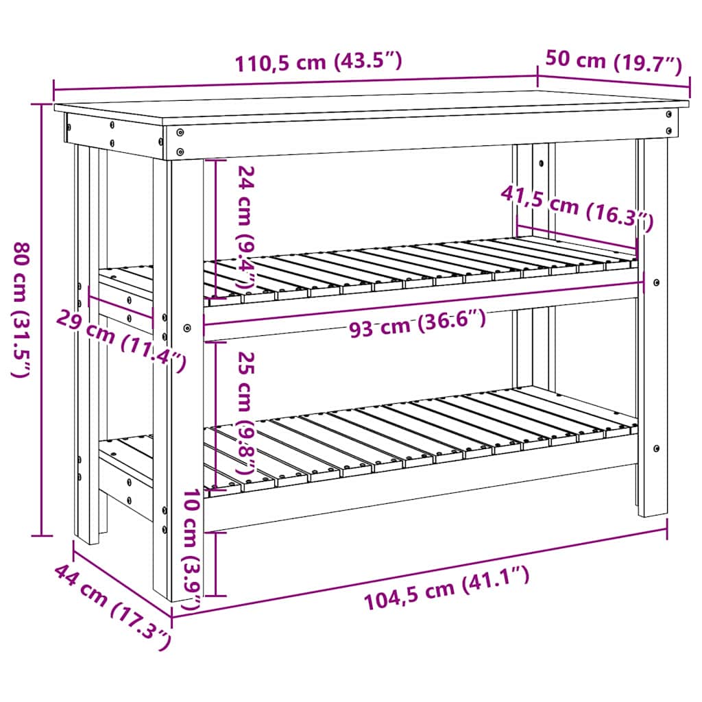 Work Bench Wax brown 110.5 x 50 x 80 cm Solid pine wood