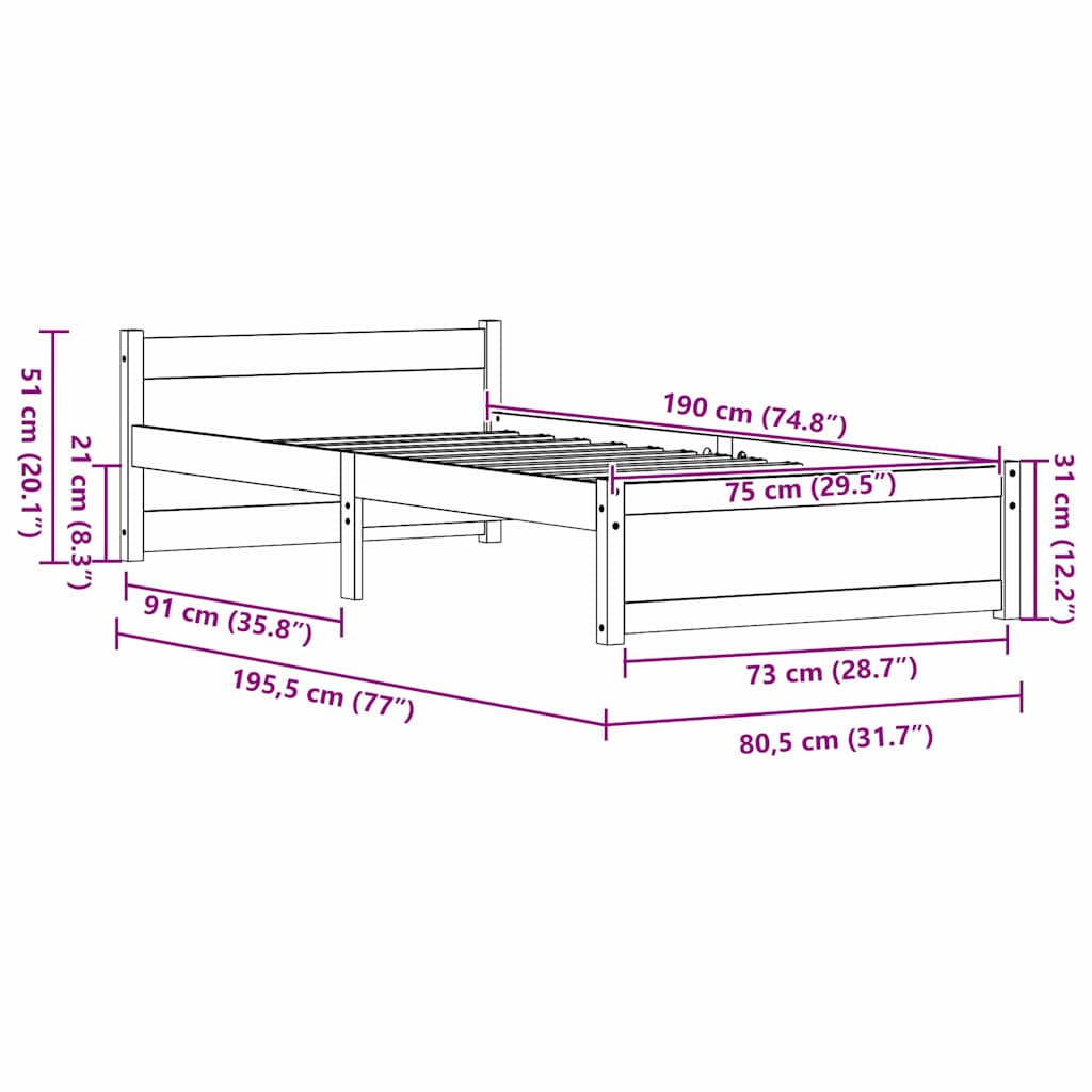 Bed Frame Wax Brown 195.5 x 80.5 x 51 cm Solid Pine Wood