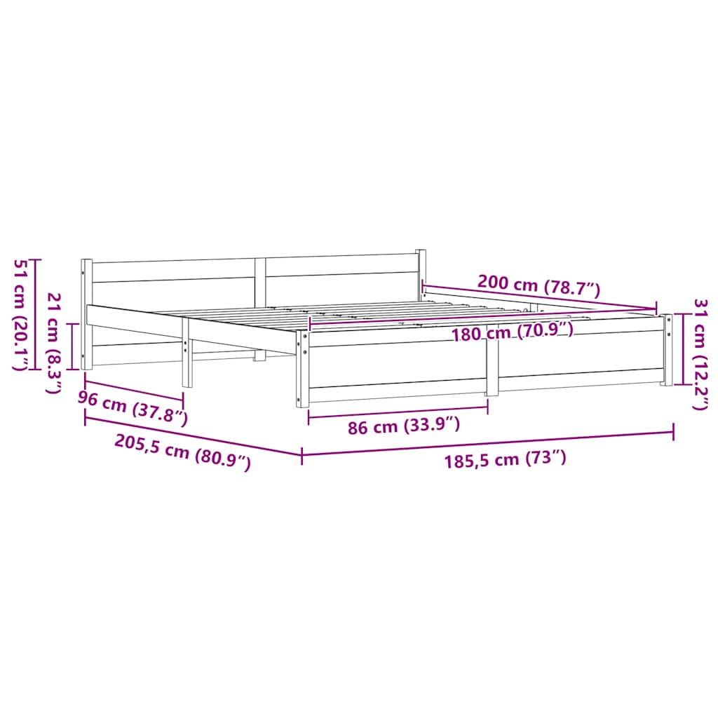 Bed Frame Wax Brown 205.5 x 185.5 x 51 cm Solid Pine Wood
