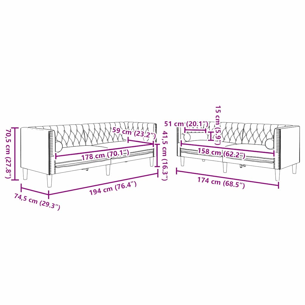 Living Room Couch 2 pcs Black 194 x 74.5 x 70.5 cm Velvet