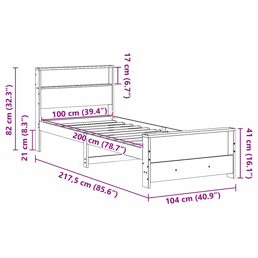 Bed Frame with Shelf Wax Brown 100 x 200 cm Solid Pine Wood