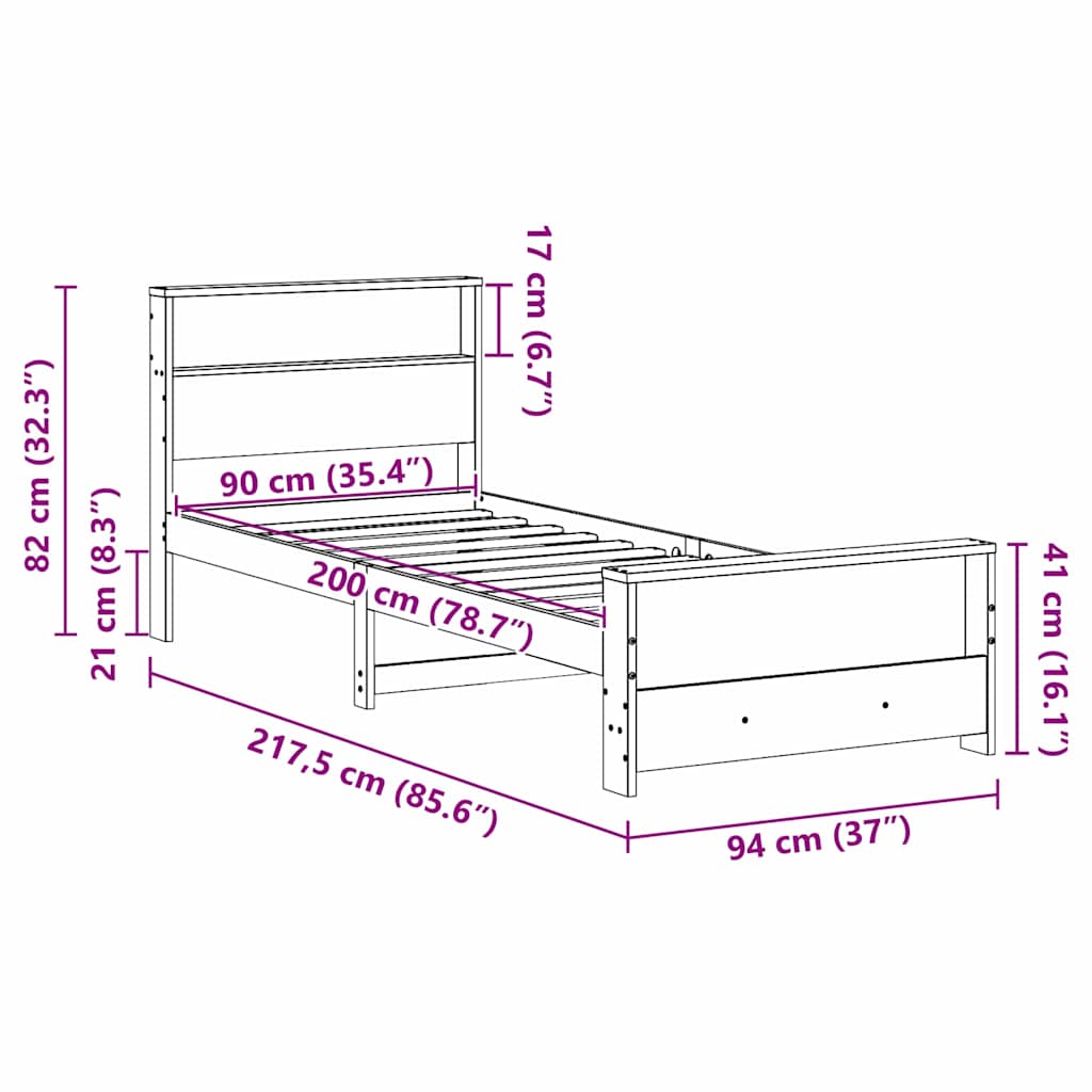 Bed Frame with Shelf Wax Brown 90 x 200 cm Solid Pine Wood