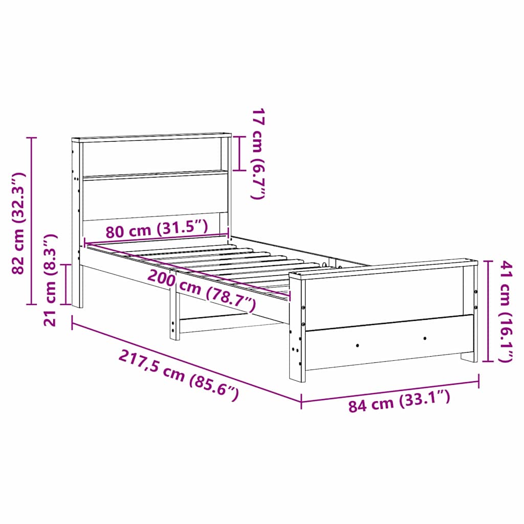 Bed Frame with Shelf Wax Brown 80 x 200 cm Solid Pine Wood