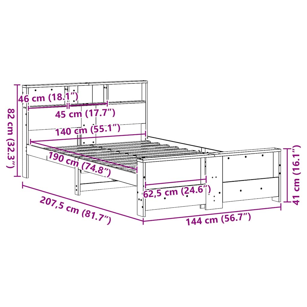 Bed Frame with Shelf Wax Brown 140 x 190 cm Solid Pine Wood