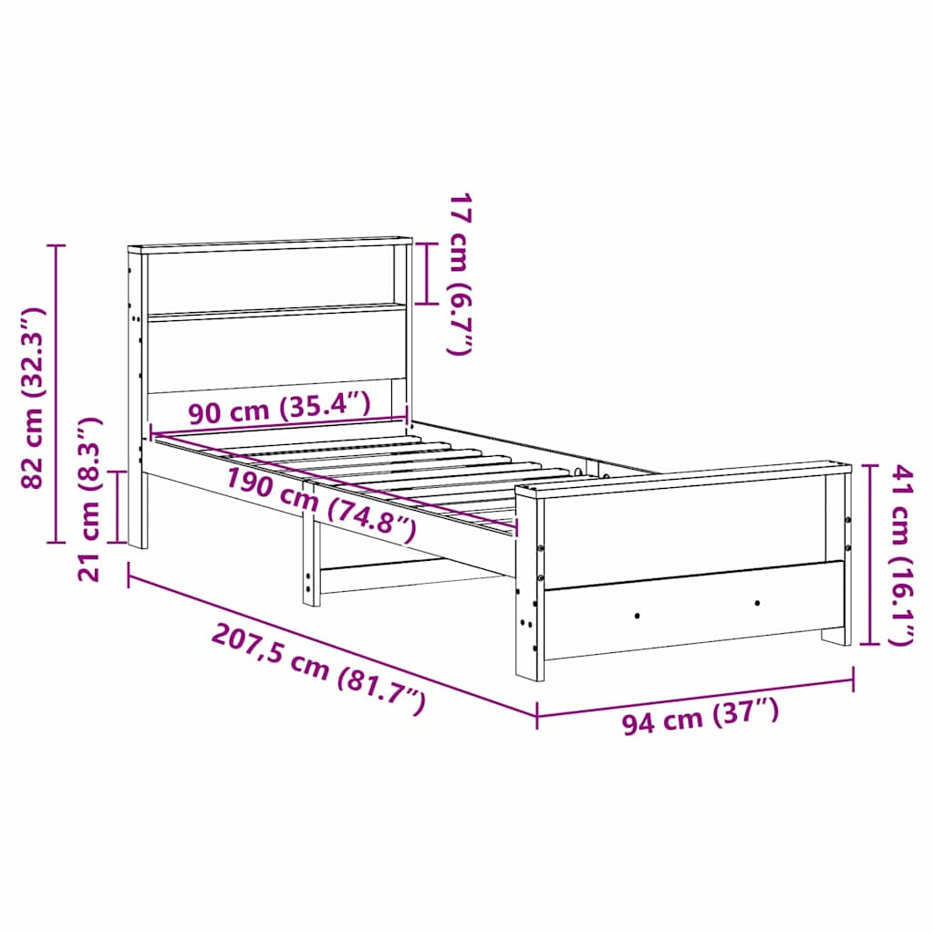 Bed Frame with Shelf Wax Brown 90 x 190 cm Solid Pine Wood