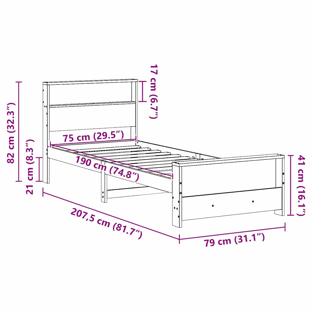 Bed Frame with Shelf Wax Brown 75 x 190 cm Solid Pine Wood