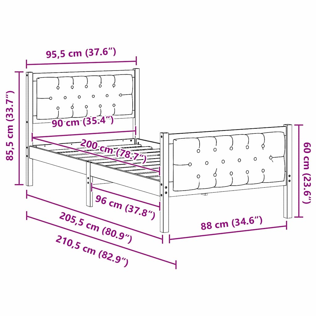 Bed Frame with Headboard Black 90 x 200 cm Solid Pine Wood