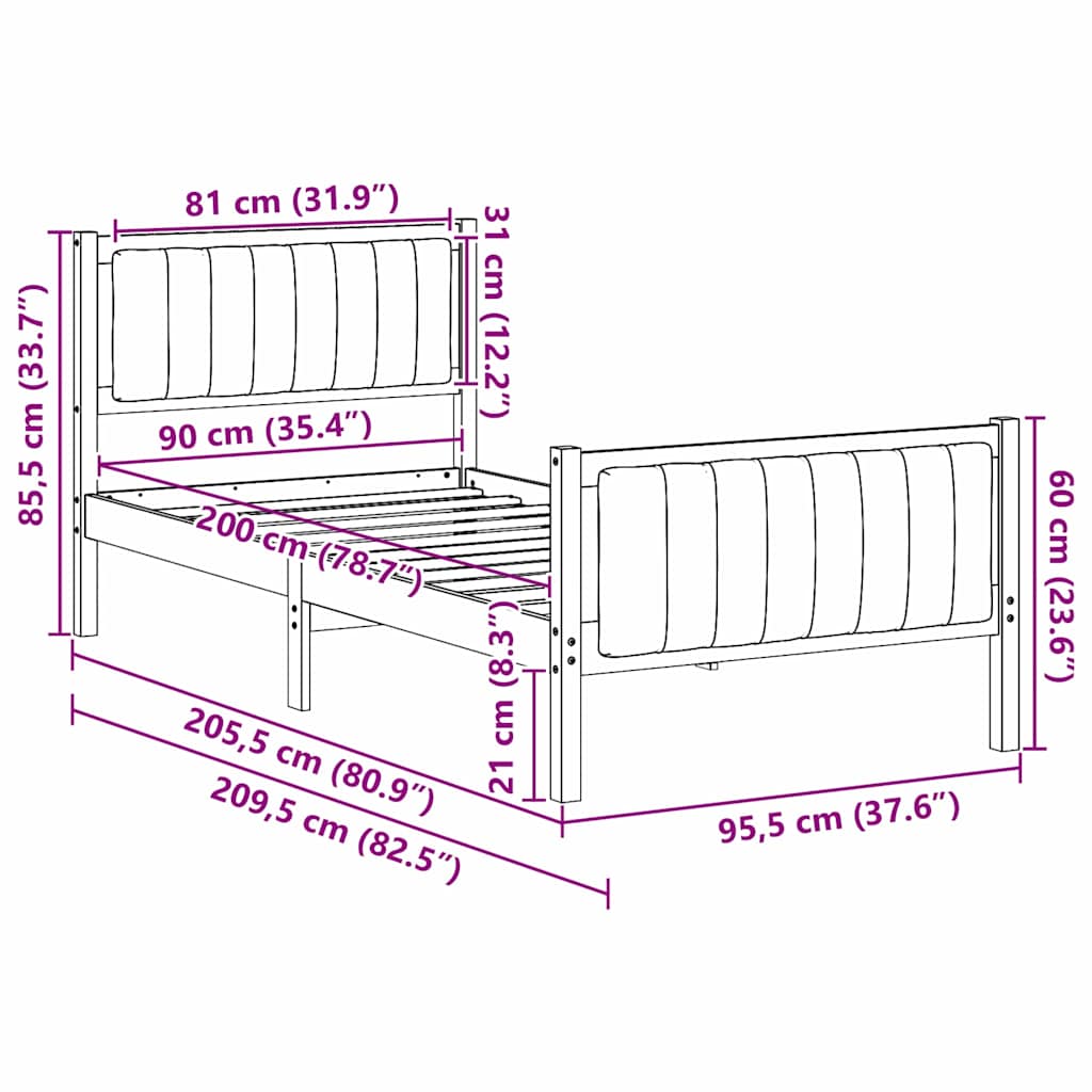Bed frame Brown and light grey 90 x 200 cm Solid pine wood