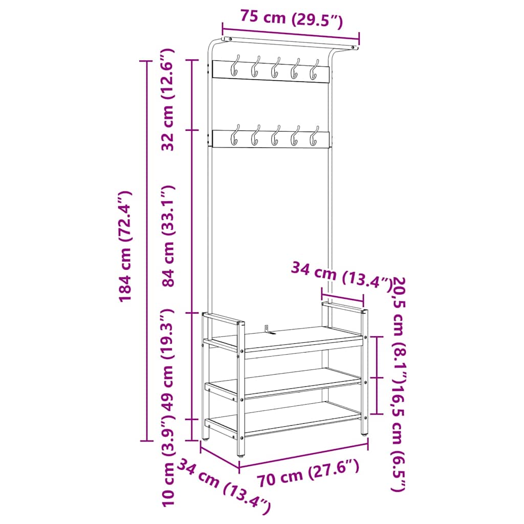 Coat Rack Sonoma Oak 75 x 34 x 184 cm Engineered wood