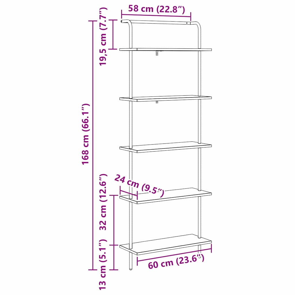 Bookshelf 5-Tier 60 x 24 x 168 cm Engineered wood Black Oak