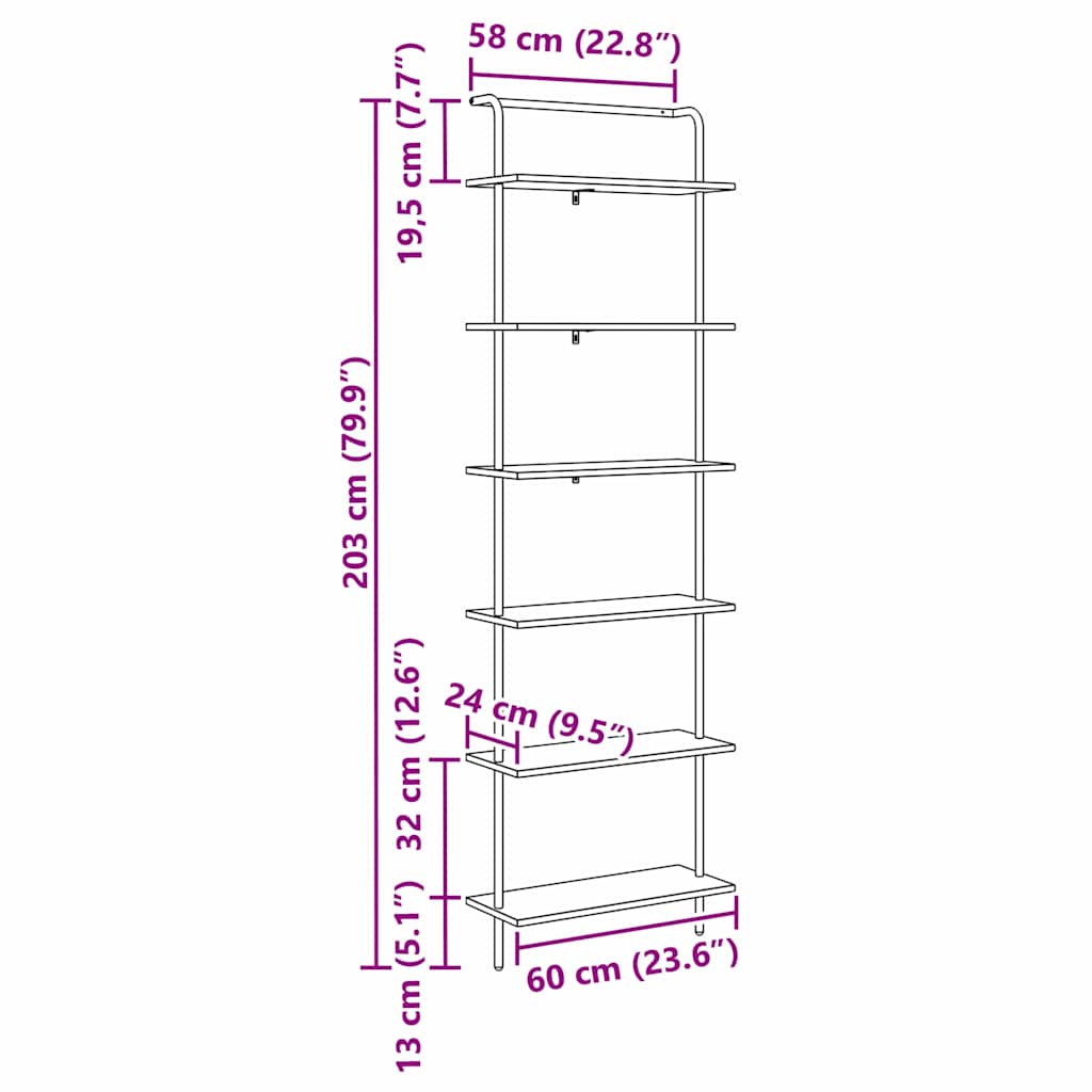 Bookshelf 6-Tier 60 x 24 x 203 cm Engineered wood Black Oak