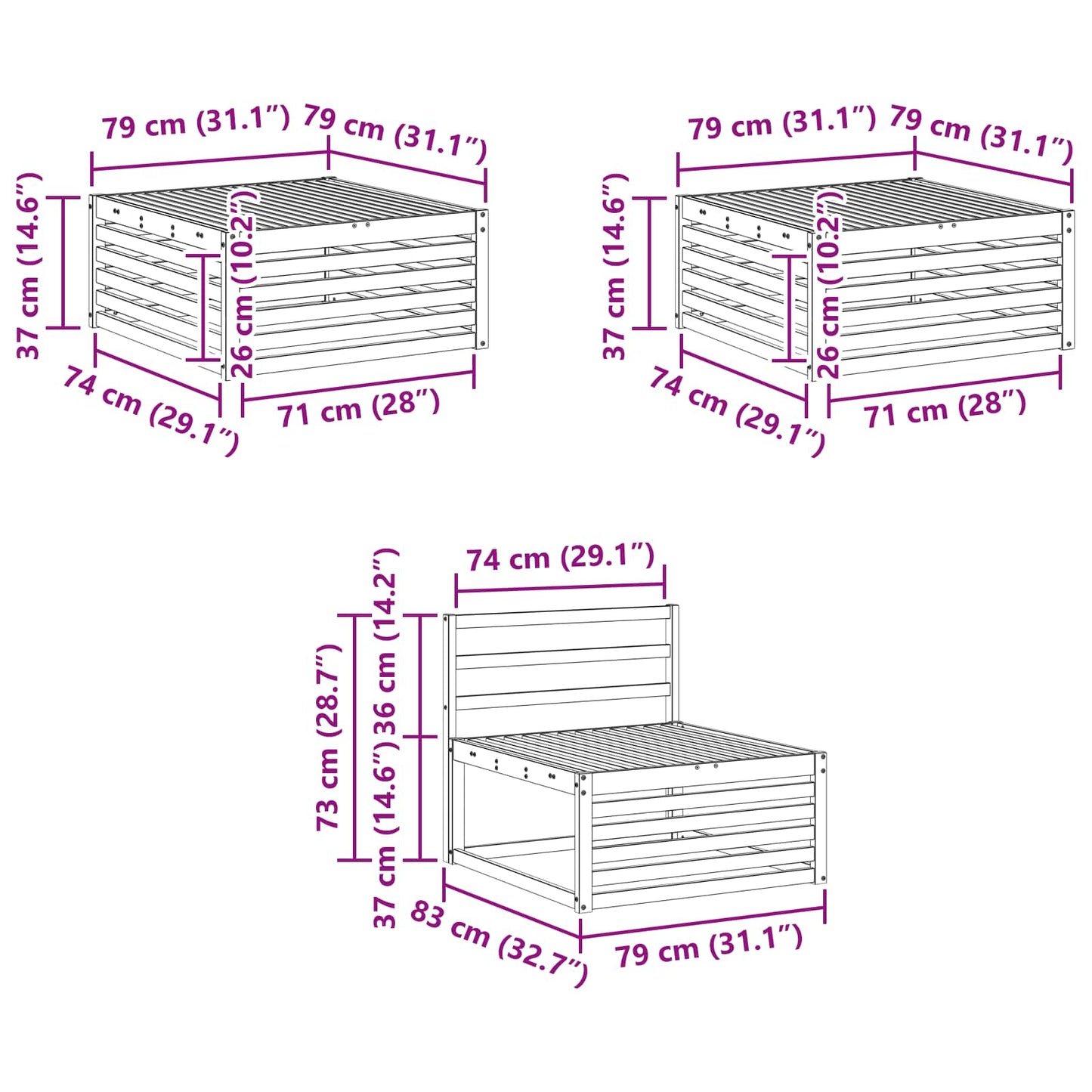 Outdoor Sofa Set 6 pcs White 79 x 79 x 37 cm Solid Acacia Wood