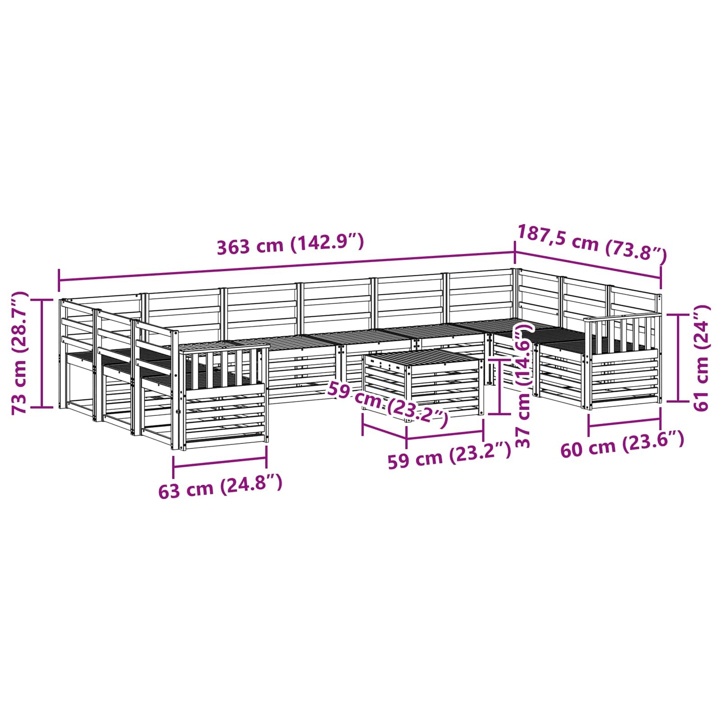 Outdoor Sofa Set 11 pcs White 59 x 59 x 37 cm Solid Acacia Wood
