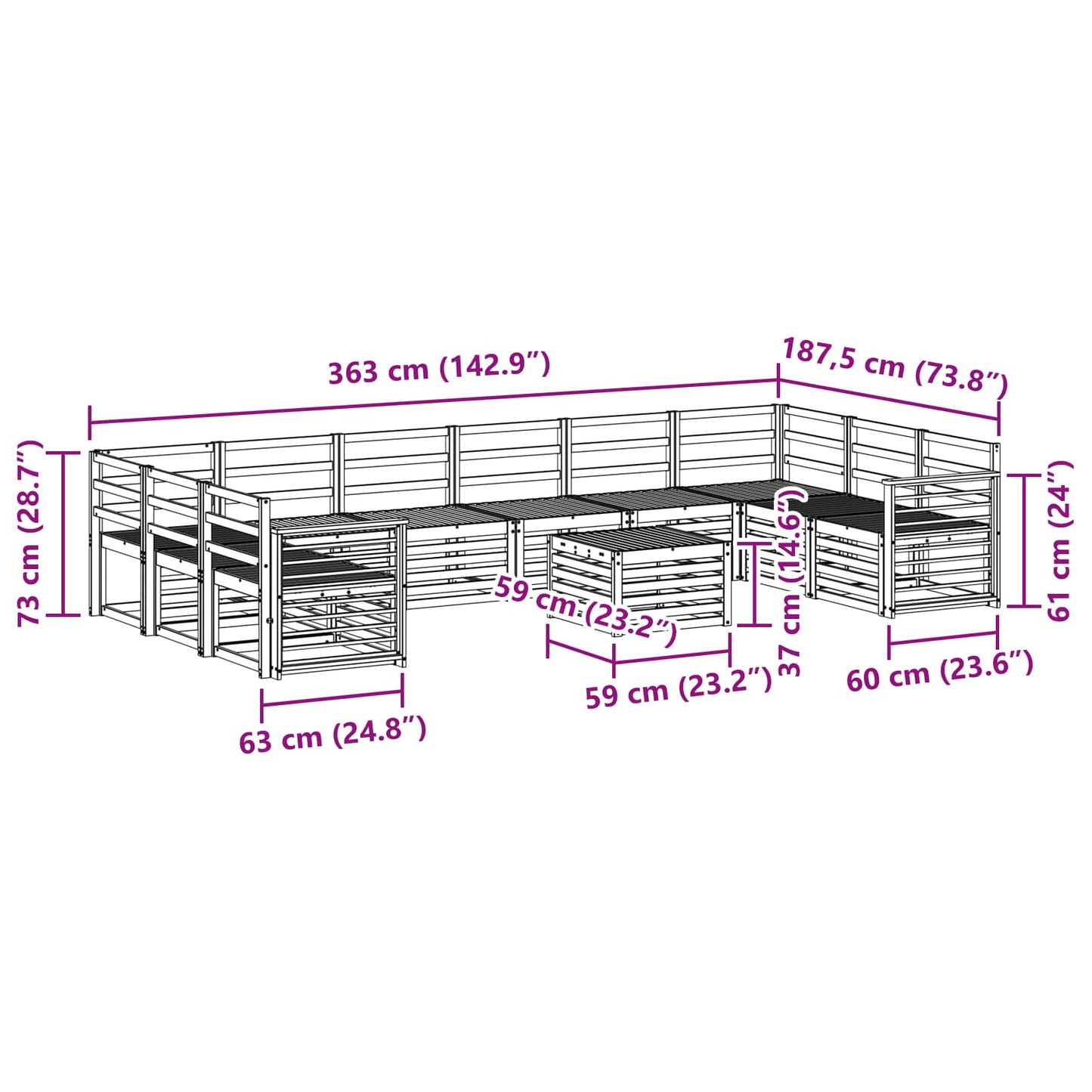 Outdoor Sofa Set 11 pcs White 59 x 59 x 37 cm Solid Acacia Wood