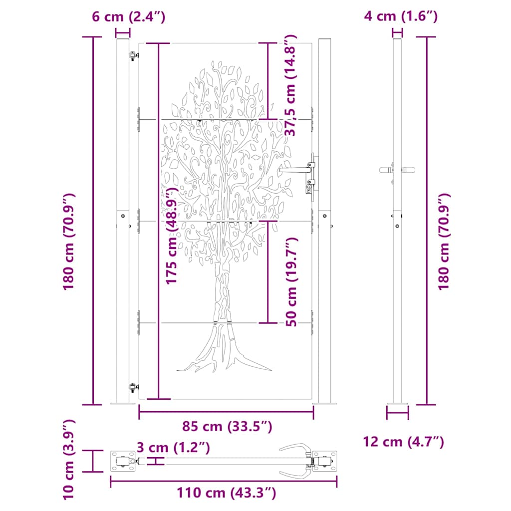 Garden Gate with Lock Black 110 x 180 cm Powder-coated steel