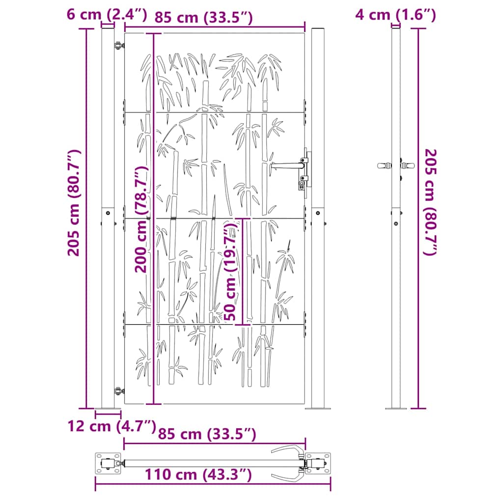 Garden Gate with Lock Black 110 x 205 cm Powder-Coated Steel